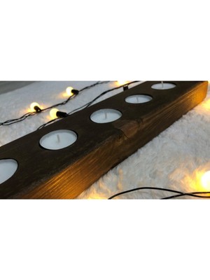 Teknotrust 5'li 40  cm  Dekoratif Doğal Ahşap Yatay Kütük Tealight Mumluk +5 Adet Tealight Mum Dahil