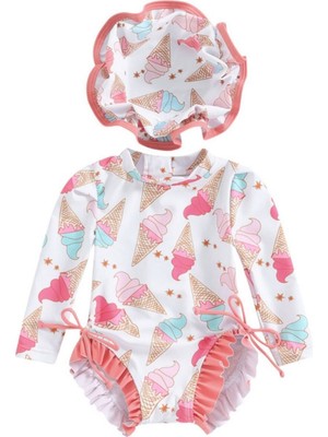 Aşırı Şirin Güneş Korumalı Uzun Kollu Dondurma Mayo ve Şapka Set