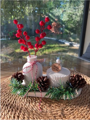 Kış Temalı Dekoratif El Yapımı Hediye Seti 3 Parça,mumluk,vazo ve Tepsi ,kozalak ve Çam, Ev Hediyes