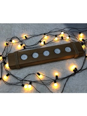 5'li 45  cm  Dekoratif Doğal Ahşap Halatlı Yatay Kütük Tealight Mumluk +5 Adet Tealight Mum Dahil