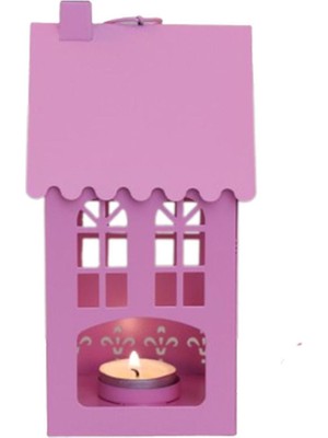 Metal Büyük Boy Ev Tealight Mumluk 6 Renk Pembe