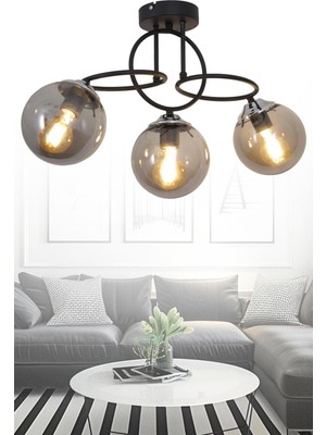 Teknotrust Sisam 3 Li Siyah Krom Avize-Füme Camlı Dekoratif Tasarım Yatak Odası Mutfak Salon Avize