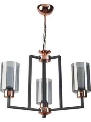 Datça Retro Salon - Mutfak - Yatak Odası Siyah Renk Bakır Detaylı Füme Camlı 3 Lü Avize