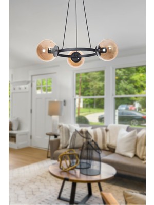 Teknotrust Owen Modern Tasarım Mutfak Yatak Odası Salon Oturma Odası Siyah Renk Bal Camlı 3 Lü Avize