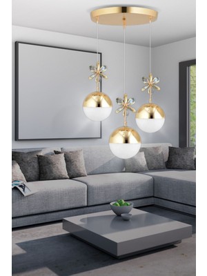 Sefam 3'lü Kristal Taşlı Modern Hakiki Camlı Sarkıt Avize - Yatak Odası - Salon - Mutfak - Hol