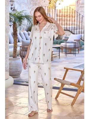 Cossy By Aqua 25670 Kadın Gül Desen Gömlek Yaka Gül Desen Pijama Takımı