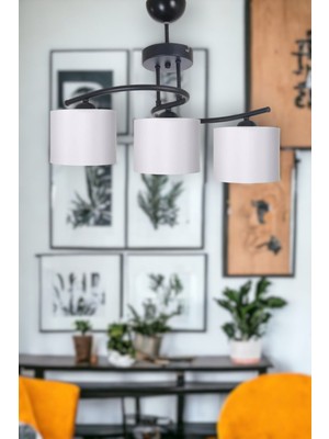 Fuji Modern Dekoratif Siyah Renk Salon - Mutfak - Yatak Odası 3 Lü Beyaz Kumaş Başlıklı Avize