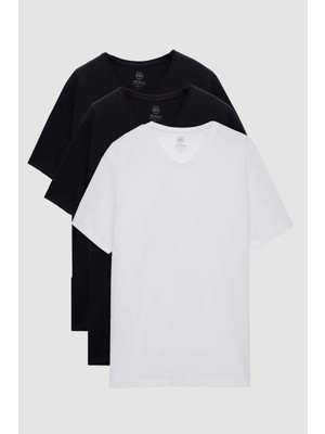 D'S Damat Ds Damat Slim Fit Siyah/beyaz 3'lü Set V Yaka T-Shirt 4HC14ORTBN55M