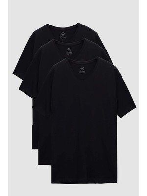 D'S Damat Ds Damat Slim Fit Siyah 3'lü Set V Yaka T-Shirt 4HC14ORTBN55M