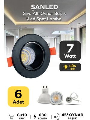ŞANLED 7W Sıva Altı Oynar Başlık GU10 Siyah Kasa Gün Işığı LED Spot Lamba-6 Adet