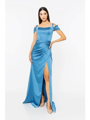 Invidia Beli Drapeli Yırtmaç Detaylı Saten Abiye