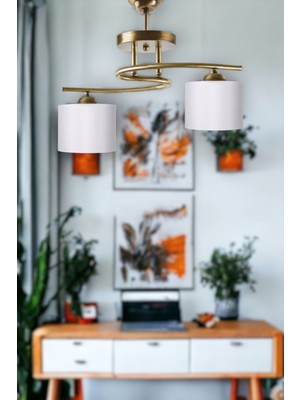 Teknotrust Fuji Modern Dekoratif Eskitme Renk Salon - Mutfak - Yatak Odası 2 Li Beyaz Kumaş Başlıklı Avize