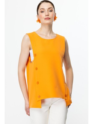 On Yanları Düğmeli Kolsuz Süveter Oranj