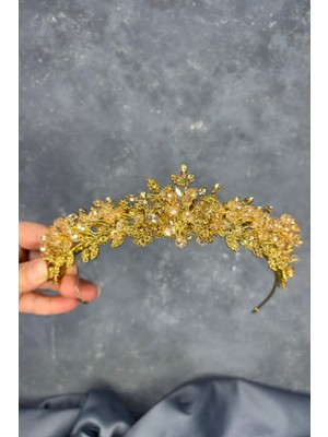 Bal Rengi Boncuk Işlemeli Duru Gelin Kına Tacı