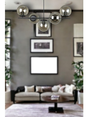 Teknotrust Neron Özel Tasarım Siyah Renk Globe Bal Camlı Salon - Mutfak - Yatak Odası 5'li Avize