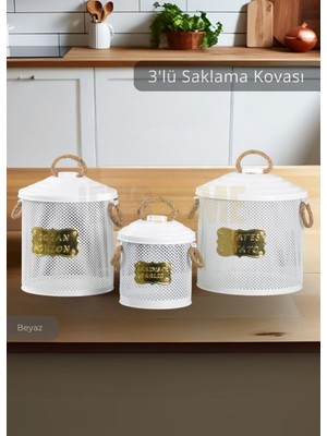 Jet's Home 3'lü Set Sebzelik Metal Patates Soğan Sepeti Sarımsak Kovası Şık Organizer Beyaz