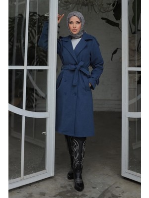 Apolet Detaylı Kaşe Kaban Indigo