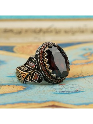 Tayfun Silver Zirkon Kırmızı El Işi Yakut Taşlı 925 Ayar Gümüş Erkek Yüzük