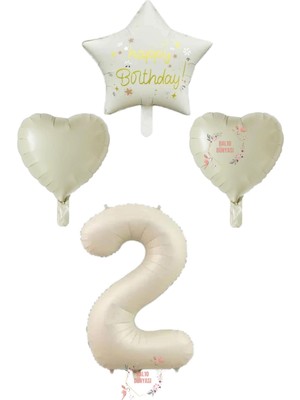 Krem Renk Rakam Happy Bırthday Yazılı Yıldız ve Kalpli Folyo Balon Seti Yaş 2