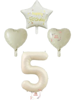 Krem Renk Rakam Happy Bırthday Yazılı Yıldız ve Kalpli Folyo Balon Seti Yaş 5
