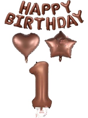 Kahverengi Renk Happy Bırthday Rakam Kalp Yıldız Folyo Balon Seti Yaş 1