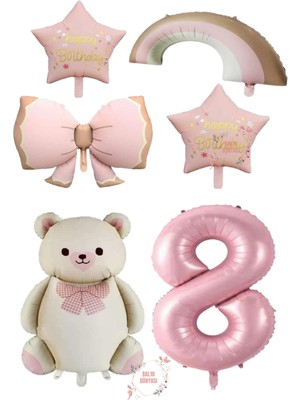 Pembe Renk Fiyonk Yıldız Rakam Gökkuşağı ve Krem Ayıcıklı Folyo Balon Seti Yaş 8
