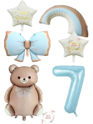 Mavi Renk Fiyonk Rakam Gökkuşağı Yıldız ve Karamel Renk Ayıcıklı Folyo Balon Seti Yaş 7