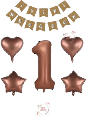 Iyiki Doğdun Yazılı Kahverengi Renk Rakam Kalp ve Yıldız Folyo Balon Seti Yaş 1
