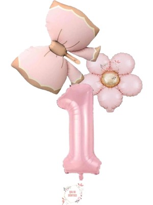 Pembe Renk Fiyonk Papatya ve Rakam Folyo Balon Seti Yaş 1