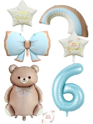 Mavi Renk Fiyonk Rakam Gökkuşağı Yıldız ve Karamel Renk Ayıcıklı Folyo Balon Seti Yaş 6