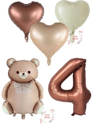 Kahverengi Renk Rakam Ayıcıklı ve Kalpli Folyo Balon Seti Yaş 4