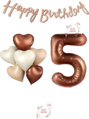 Happy Bıthday Yazılı Kahverengi Renk Rakam ve Kalpli Folyo Balon Seti Yaş 5