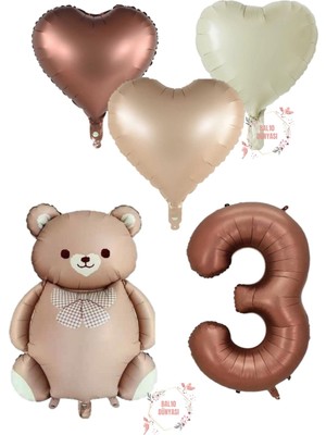 Kahverengi Renk Rakam Ayıcıklı ve Kalpli Folyo Balon Seti Yaş 3
