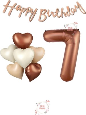 Happy Bıthday Yazılı Kahverengi Renk Rakam ve Kalpli Folyo Balon Seti Yaş 7