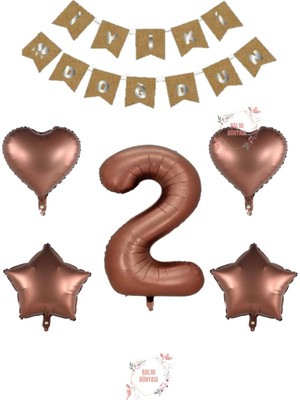 Iyiki Doğdun Yazılı Kahverengi Renk Rakam Kalp ve Yıldız Folyo Balon Seti Yaş 2