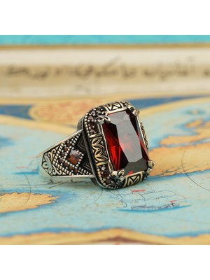 Tayfun Silver Zirkon Kırmızı El Işi Yakut Taşlı 925 Ayar Gümüş Erkek Yüzük