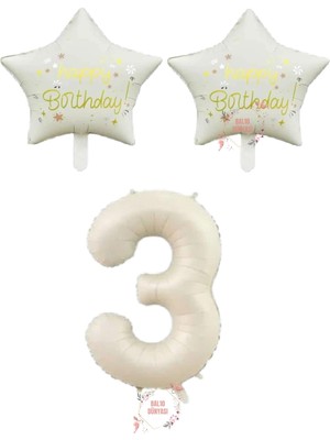 Bej Rakam ve Happy Bırthday Yazılı Yıldız Folyo Balon Seti Yaş 3