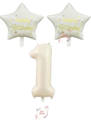 Bej Rakam ve Happy Bırthday Yazılı Yıldız Folyo Balon Seti Yaş 1