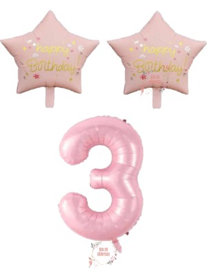 Pembe Renk Rakam ve Happy Bırthday Yazılı Yıldız Folyo Balon Seti Yaş 3