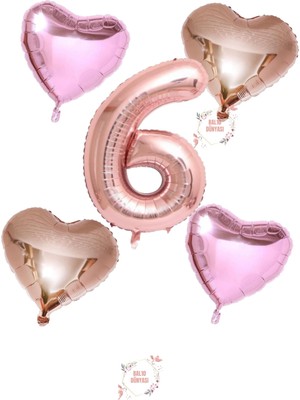 Rose Gold Rakam Kalp ve Pembe Kalp Folyo Balon Seti Yaş 6