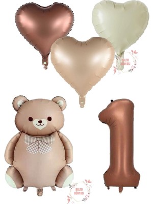 Kahverengi Renk Rakam Ayıcıklı ve Kalpli Folyo Balon Seti Yaş 1
