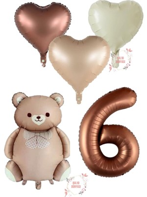Kahverengi Renk Rakam Ayıcıklı ve Kalpli Folyo Balon Seti Yaş 6