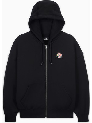 Converse Classic Kadın Oversized Fit Fermuarlı Grafik Baskılı Siyah Hoodie