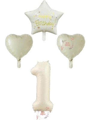 Krem Renk Rakam Happy Bırthday Yazılı Yıldız ve Kalpli Folyo Balon Seti Yaş 1