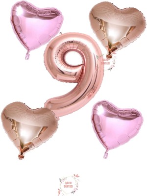 Rose Gold Rakam Kalp ve Pembe Kalp Folyo Balon Seti Yaş 9