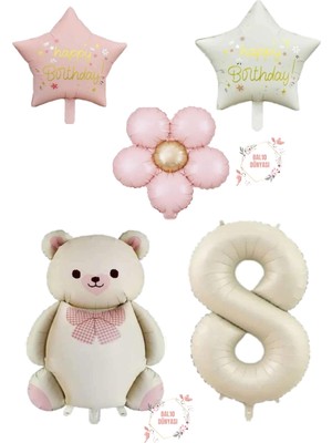 Krem Renk Rakam ve Ayıcıklı Yıldızlı Papatyalı Folyo Balon Seti Yaş 8