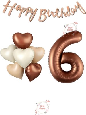 Happy Bıthday Yazılı Kahverengi Renk Rakam ve Kalpli Folyo Balon Seti Yaş 6