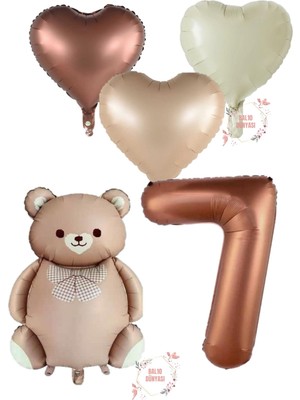 Kahverengi Renk Rakam Ayıcıklı ve Kalpli Folyo Balon Seti Yaş 7