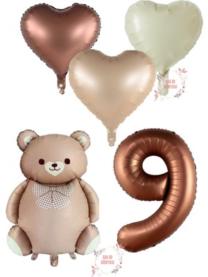 Kahverengi Renk Rakam Ayıcıklı ve Kalpli Folyo Balon Seti Yaş 9