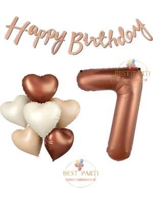 Happy Bıthday Yazılı Kahverengi Renk Rakam ve Kalpli Folyo Balon Seti Yaş 7